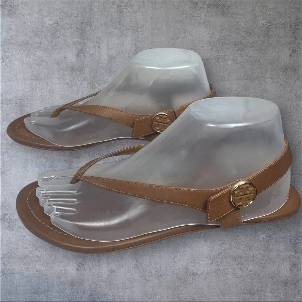 Tory Burch Minnie Travel Sandals Caramel Brown Leather Thong Womens 8M Classic